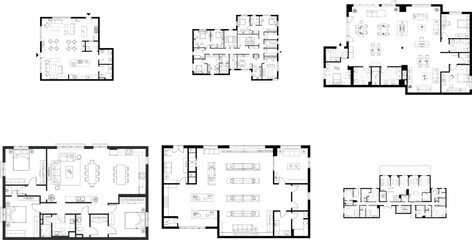 Set of six architectural floor plans showing different house layouts
