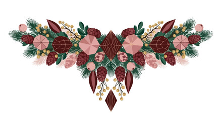 A festive illustration showcases a symmetrical arrangement of pine cones, berries, and greenery, perfect for holiday decorations and seasonal designs.