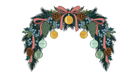 A festive illustration of a Christmas garland featuring ornaments, pinecones, and a decorative bow, perfect for holiday season designs.