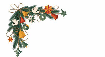 A festive Christmas corner decoration featuring pine branches, ornaments, stars, bells, and doves, perfect for holiday season designs and celebrations.