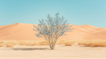 Desert shrub arid landscape sand dune solitary plant blue sky dry grass oasis hint minimal scene