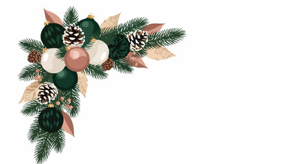 A festive Christmas corner decoration with ornaments, pinecones, and evergreen branches, perfect for holiday-themed design projects and celebrations.