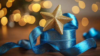 Gold star ornament blue ribbon with warm bokeh lights, festive holiday glow and elegant