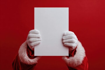 Santa Claus Hand Holding Blank Paper Sign Isolated On Red Background. Close Up. Christmas Gifts Buying. White Gloved Hand and Vertical Page Card MockUp Template. Advertisement gesture. Xmas List, Mail