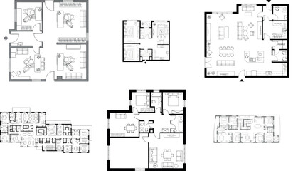 Assortment of five black and white architectural floor plans