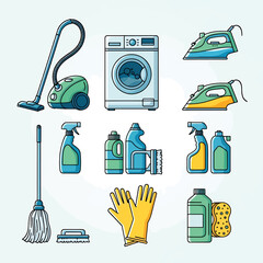 Collection of Cleaning Supplies and Appliances Including Vacuum Cleaner, Washing Machine, Irons, Mop, Bottles, Gloves, and Sponge