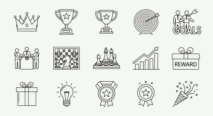 Collection of business success icons including crown, trophies, target, handshake, chess, graph, gifts, lightbulb, medal, and confetti
