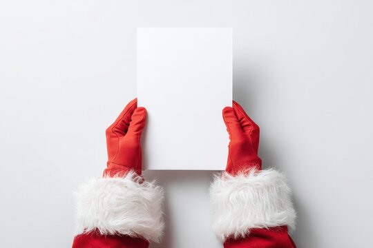 Santa Claus Hand Holding Blank Paper Sign Isolated On Red Background. Close Up. Christmas Gifts Buying. White Gloved Hand and Vertical Page Card MockUp Template. Advertisement gesture. Xmas List, Mail