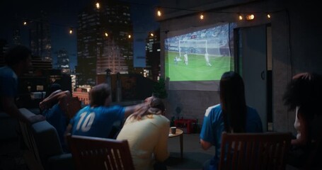Friends Gather on a Rooftop to Watch a Soccer Football Championship Match. They Enjoy Sports Entertainment, Cheering and Celebrating Teams Championsip Victory. City View Terrace World Tournament Cup - Powered by Adobe