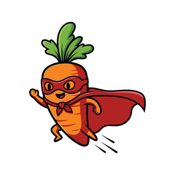 Cute cartoon superhero carrot character with red cape and mask flying with speed lines and shadow