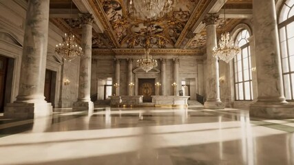 Sunlight streams across the polished marble floor of a grand, opulent hall with ornate ceilings and crystal chandeliers. - Powered by Adobe