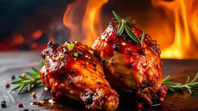 Glazed BBQ Chicken Wings Orbiting Against a Fire Backdrop