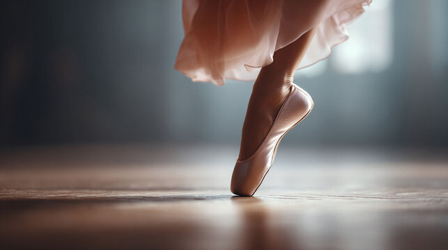 Elegant ballerina poised en pointe, graceful  light. Symbolizes artistry, dedication,  beauty. Ideal for dance, performance,  creative movement concepts.