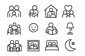 Family Icon Collection. Family togetherness. Line outline icon set of family togetherness: parents, child, hug