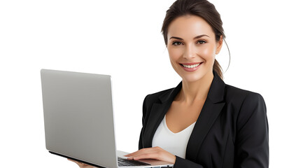 Confident smiling businesswoman with laptop, ready for success and digital innovation in modern professional settings.