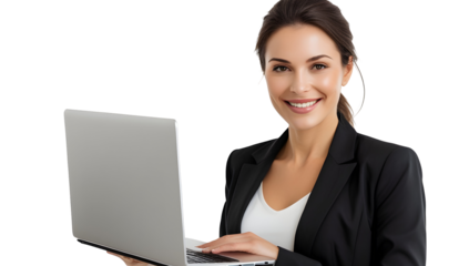 Confident smiling businesswoman with laptop, ready for success and digital innovation in modern professional settings.