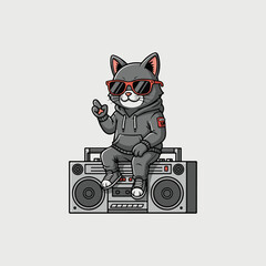 Cool Grey Cat in Hoodie and Sunglasses Sitting on a Boombox vector illustration on white background 