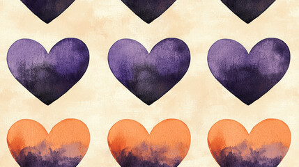 Watercolor purple and orange heart pattern on beige background, whimsical romantic texture