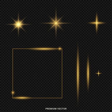Collection of golden light effects, including stars, lens flares, and a square frame, creating a magical and festive atmosphere on a transparent background
