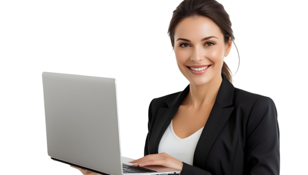 Confident smiling businesswoman with laptop, ready for success and digital innovation in modern professional settings.
