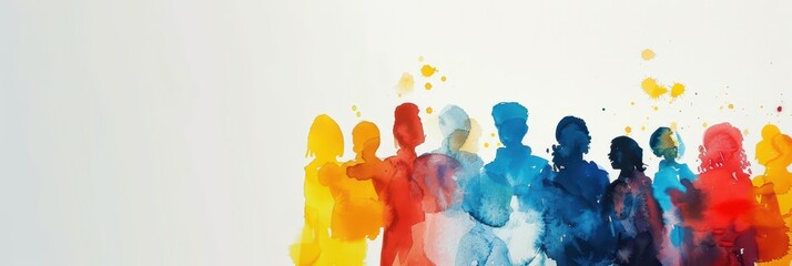 Vibrant watercolor silhouettes of people celebrating unity and human rights. Horizontal banner. Free space for text. Justice for all, fight for equality. Watercolor illustration