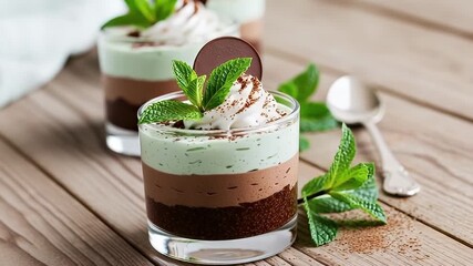 This enticing close-up showcases a beautifully layered dessert, elegantly presented in a clear glass on a rustic wooden surface. The intricate composition features distinct strata of rich dark and mil