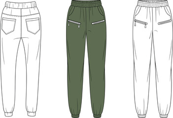 ogger pants, back view, fashion sketch, CAD drawing, vector illustration, garment design, flat sketch, patch pockets, zipper detail, apparel