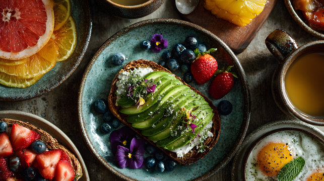 Overhead shot of a vegan brunch table set with plates of avocado toast fresh fruits and herbal teas cozy morning vibe real photo stock photography
