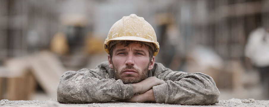 Portrait of a tired construction worker in a hardhat, resting. Symbol of hard work, resilience, and the human cost of progress. Suitable for themes of labor, industry, or struggle.