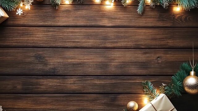 Bright lights, elegant ornaments, and beautifully wrapped gifts create a festive holiday atmosphere on a rustic wooden table
