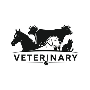 Veterinary logo featuring a horse cows dog and cat with the word veterinary and a paw print