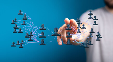 Abstract concept of human network, collaboration, teamwork, and business networking with hand touching, digital and futuristic design.