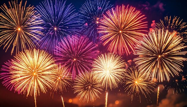 Dark sky illuminated by abstract firefly like fireworks in vivid bright colors