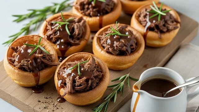 This mouth-watering close-up showcases elegant individual servings of tender, slow-cooked shredded meat, generously topped with rich, savory gravy and garnished with fresh rosemary sprigs. Each portio