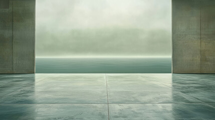 Open concrete gallery with ocean view and calm mood