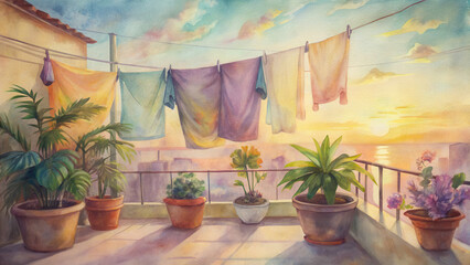 Serene watercolor painting of balcony sunset, featuring colorful clothes hanging line and lush potted plants. warm hues evoke