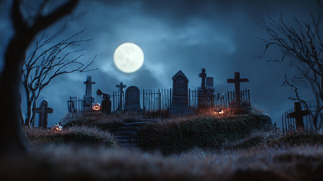 A spooky graveyard scene under a full moon. The atmosphere is haunting, evoking feelings of mystery and eeriness