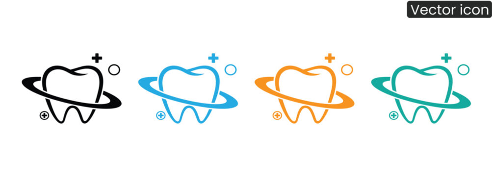 Sleek icons represent modern dental services, showcasing healthy teeth with orbiting rings and plus signs for advanced oral care.