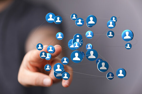 Abstract illustration of people icons connected by lines, representing a network or social connection. Modern technology and digital concept.