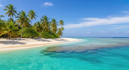 Idyllic Tropical Paradise Beach with Palm Trees and Turquoise Ocean Water