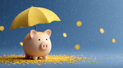a piggy bank with an umbrella on top of it, against a blue background, with yellow and white colors, and coins in the sky.