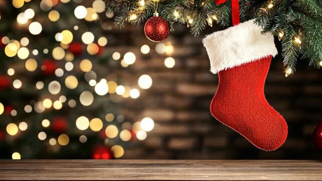 Red stocking hangs on a beautifully decorated tree, twinkling lights create a warm atmosphere, perfect for festive celebrations