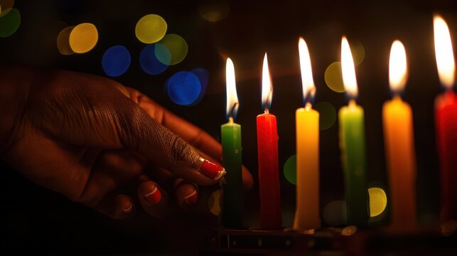 Kwanzaa candle lighting ceremony with kinara and colorful bokeh background - Powered by Adobe