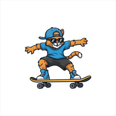 Happy Cat Skateboard Cartoon Style mascot vector illustration on white background 