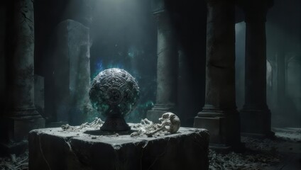Mysterious Glowing Orb on an Ancient Stone Altar.