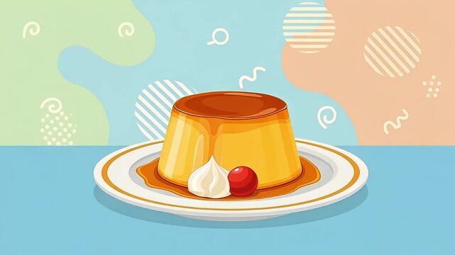 This vibrant, charming illustration features a perfectly formed caramel custard dessert, glistening with rich caramel sauce, elegantly presented on a classic white plate with delicate gold accents. A 