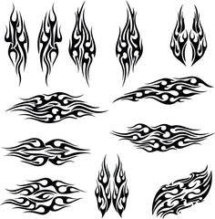 Flame decal. Fire abstract black silhouette flames for race car or tattoo. Tribal flame hotrod car vinyl decals and motorcycle airbrush stencil. Burning element vector set with white background.