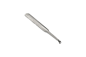 Stainless steel spring bar tool for watch strap removal with forked tip is isolated.