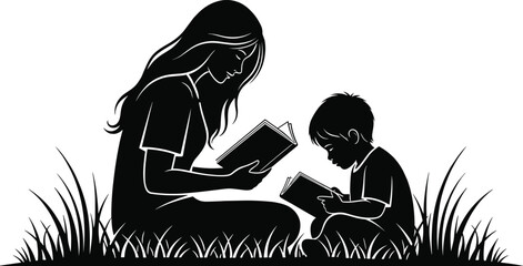 Cad drawing flat vector illustration, reading together silhouette, adult and child on grass, peaceful learning moment, nature setting, storytelling bonding concept