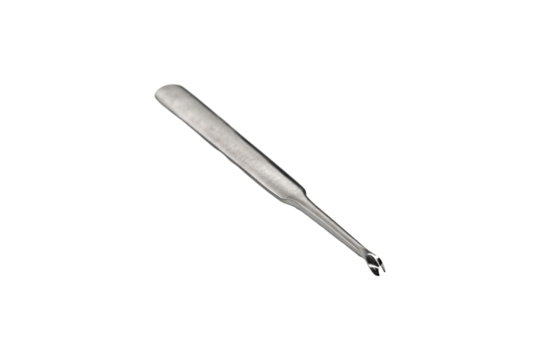 Stainless steel spring bar tool for watch strap removal with forked tip is isolated.